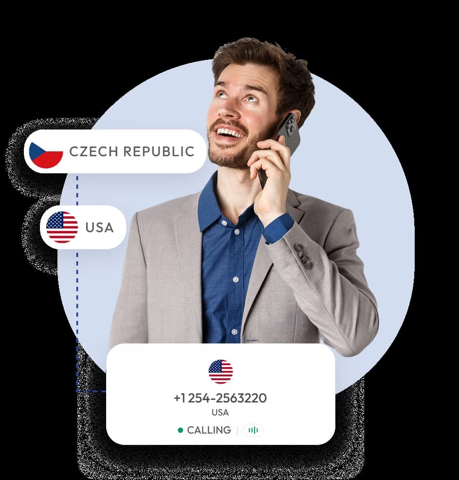 Business professional using an international VoIP calling app with a USA number display