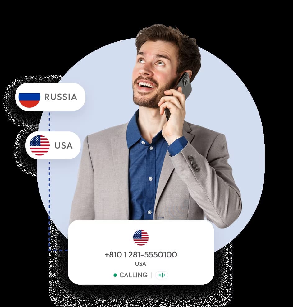 International business calling graphic showing a phone dialing a US number