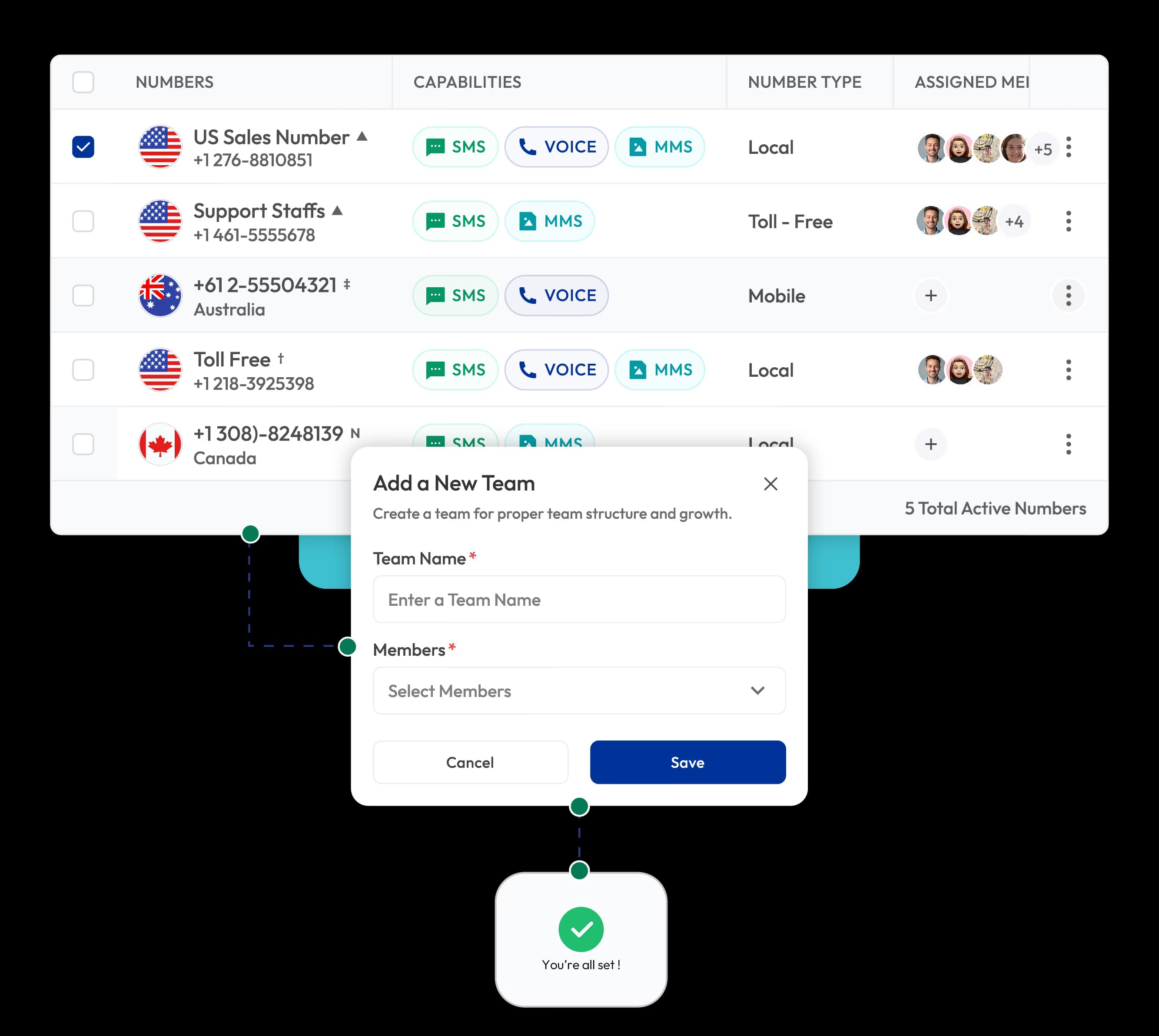 calilio numbers interface with a add team feature