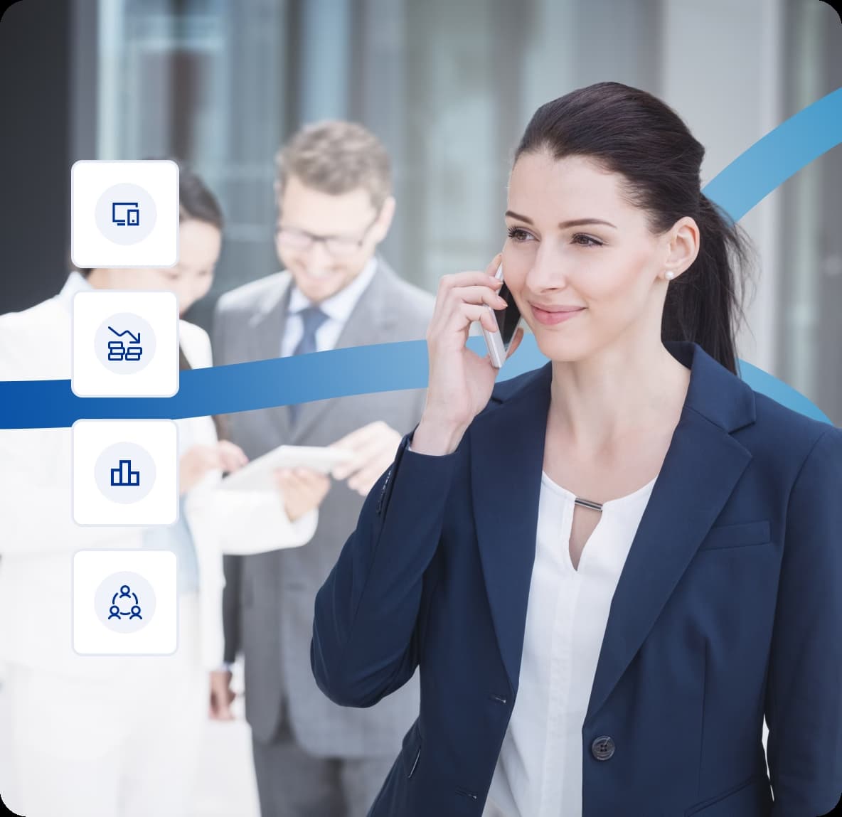 Businesswoman on a phone call with corporate team and communication icons