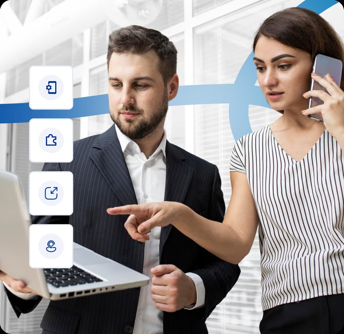 Business professionals reviewing laptop with call management features and mobile communication in office