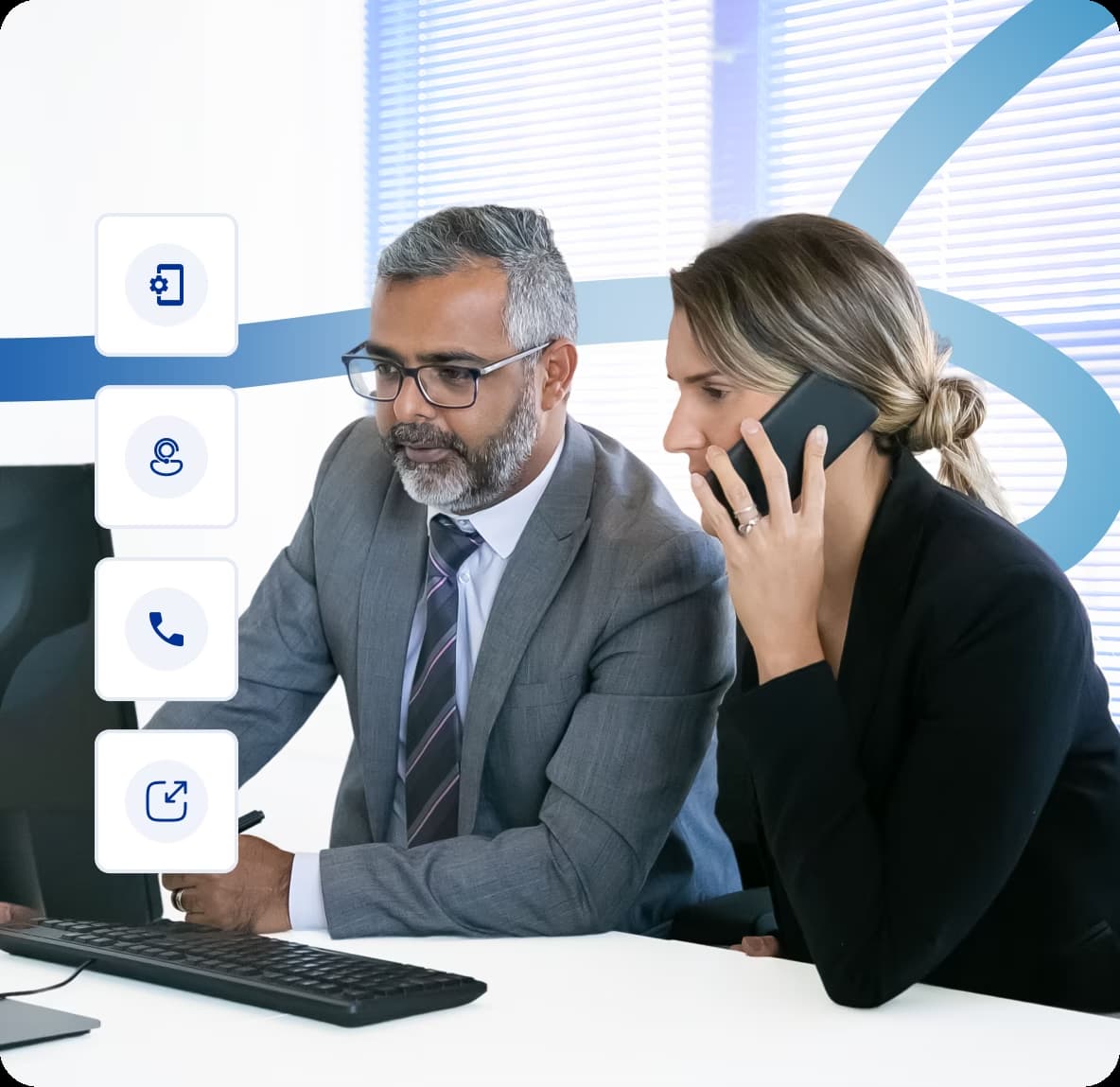 Bolingbrook business phone system with professionals using laptop and mobile for communication and workflow management