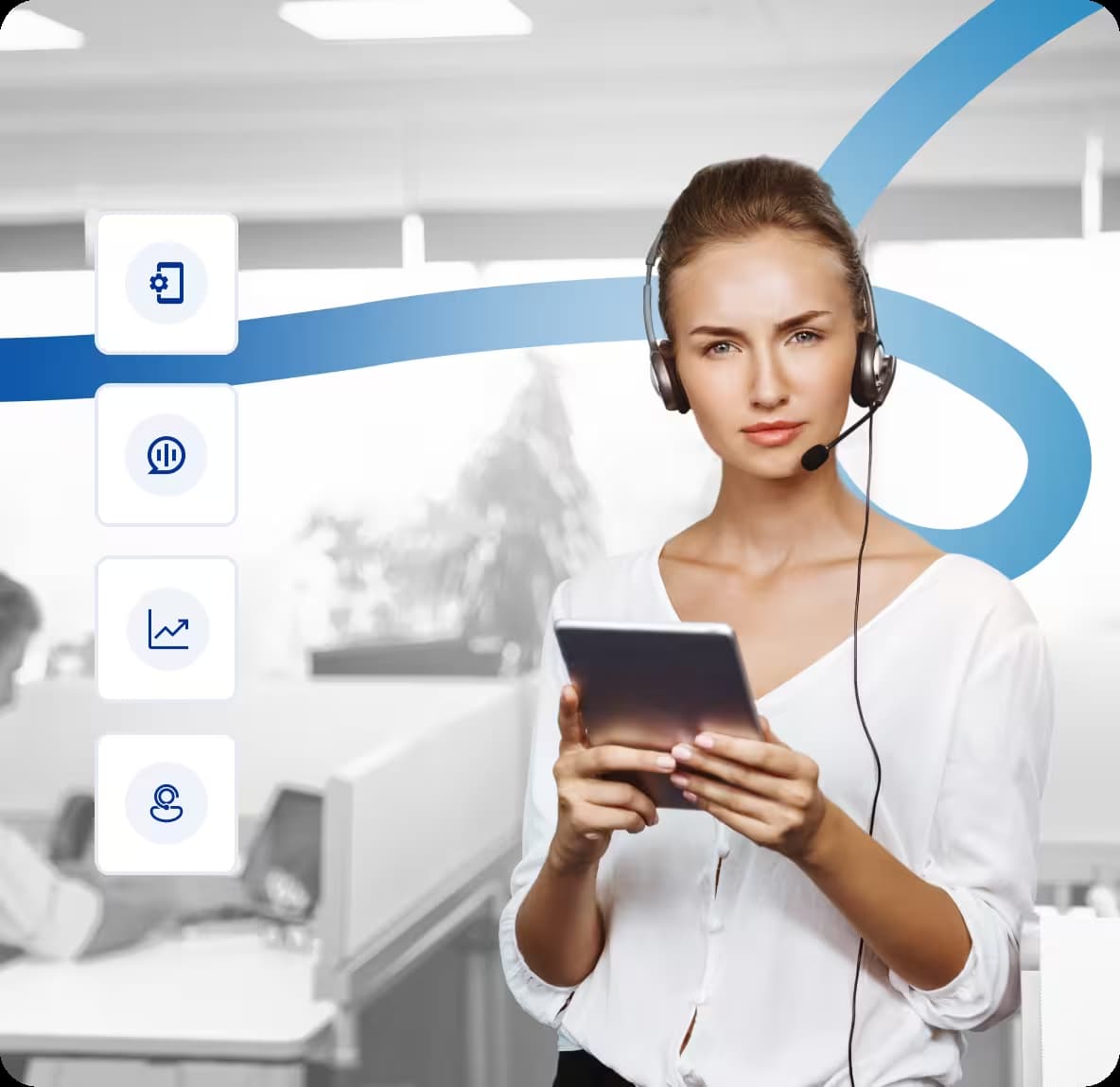 A girl holding a tablet and talking through tab