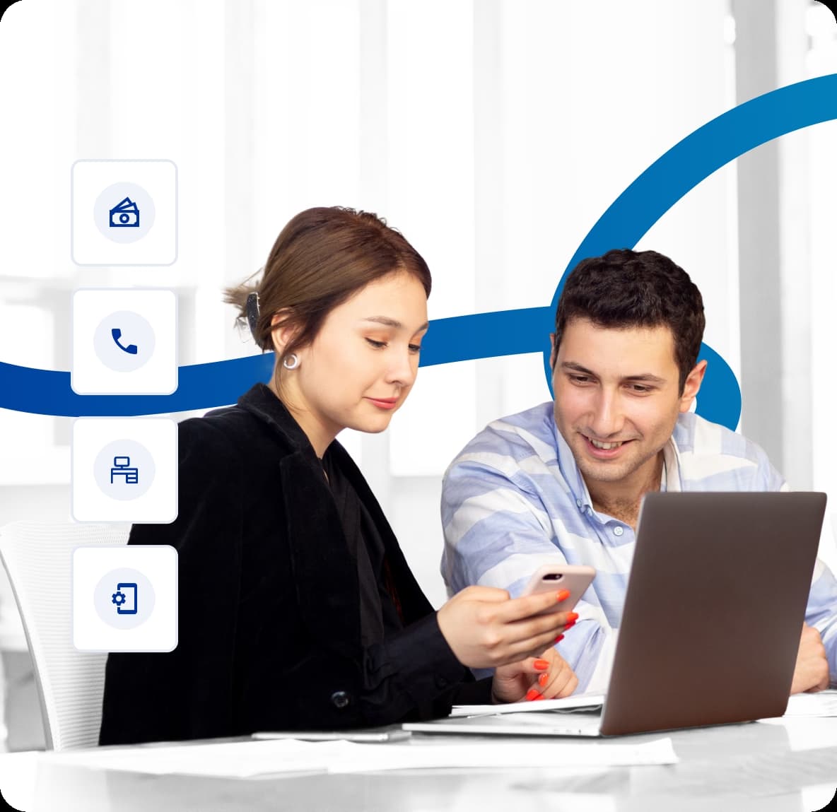 two people are looking laptop and discussing.