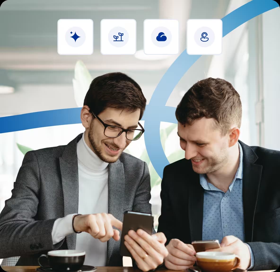 two professionals looking at a smartphone