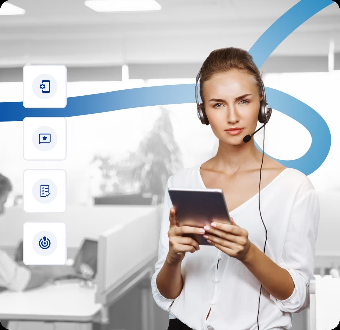 businesswoman with headphone and a tablet on her hand using business phone system