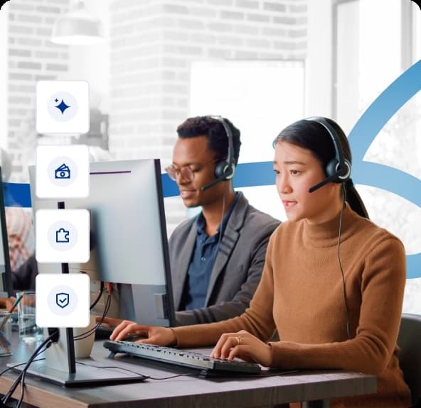 customer service representatives wearing headsets working at computers with business communication feature icons