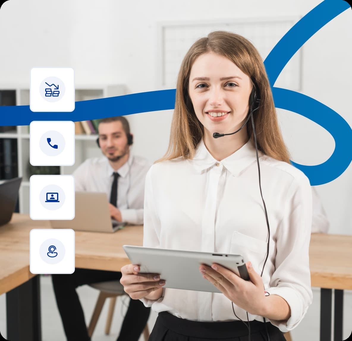Customer support representative using a tablet and headset in a modern call center