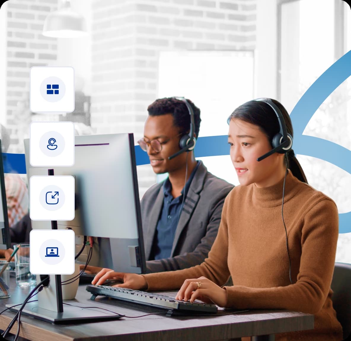 Customer support team using headsets and desktop computers with digital communication icons