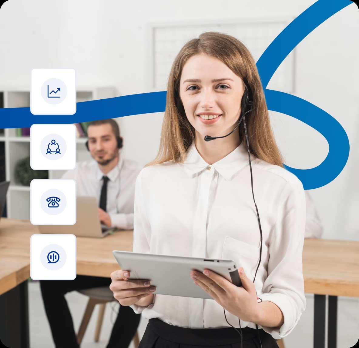 A smiling customer support representative wearing a headset and holding a tablet with business icons for data, teams, and calls on the left