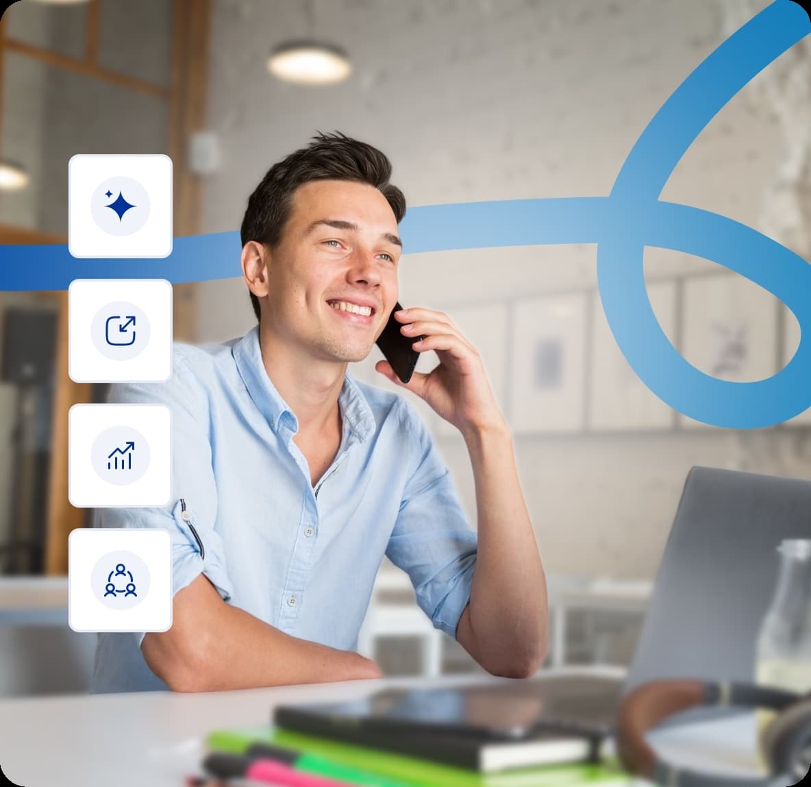 Smiling young businessman talking on a smartphone managing business growth and analytics