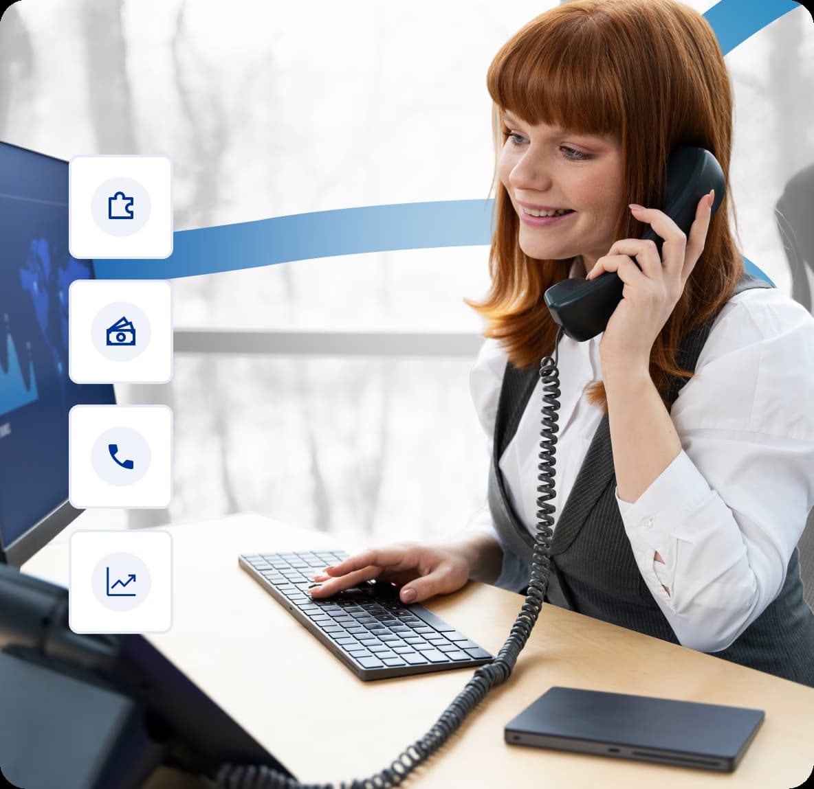 An office worker using a landline telephone and computer with overlay icons for communication and analytics