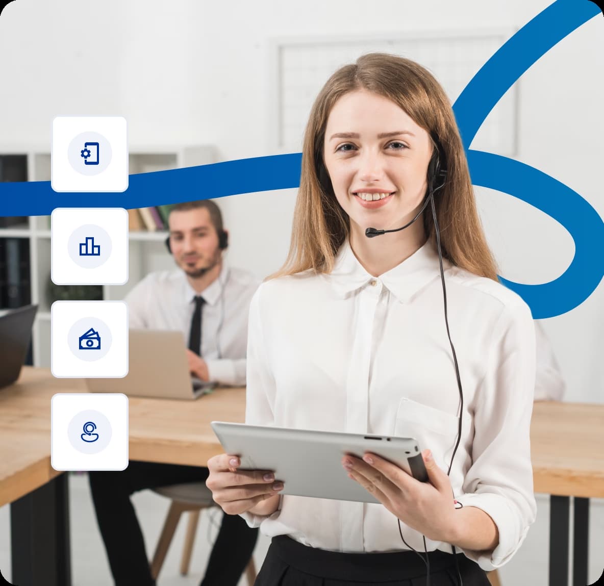 Business communication specialist with headset and digital support icons