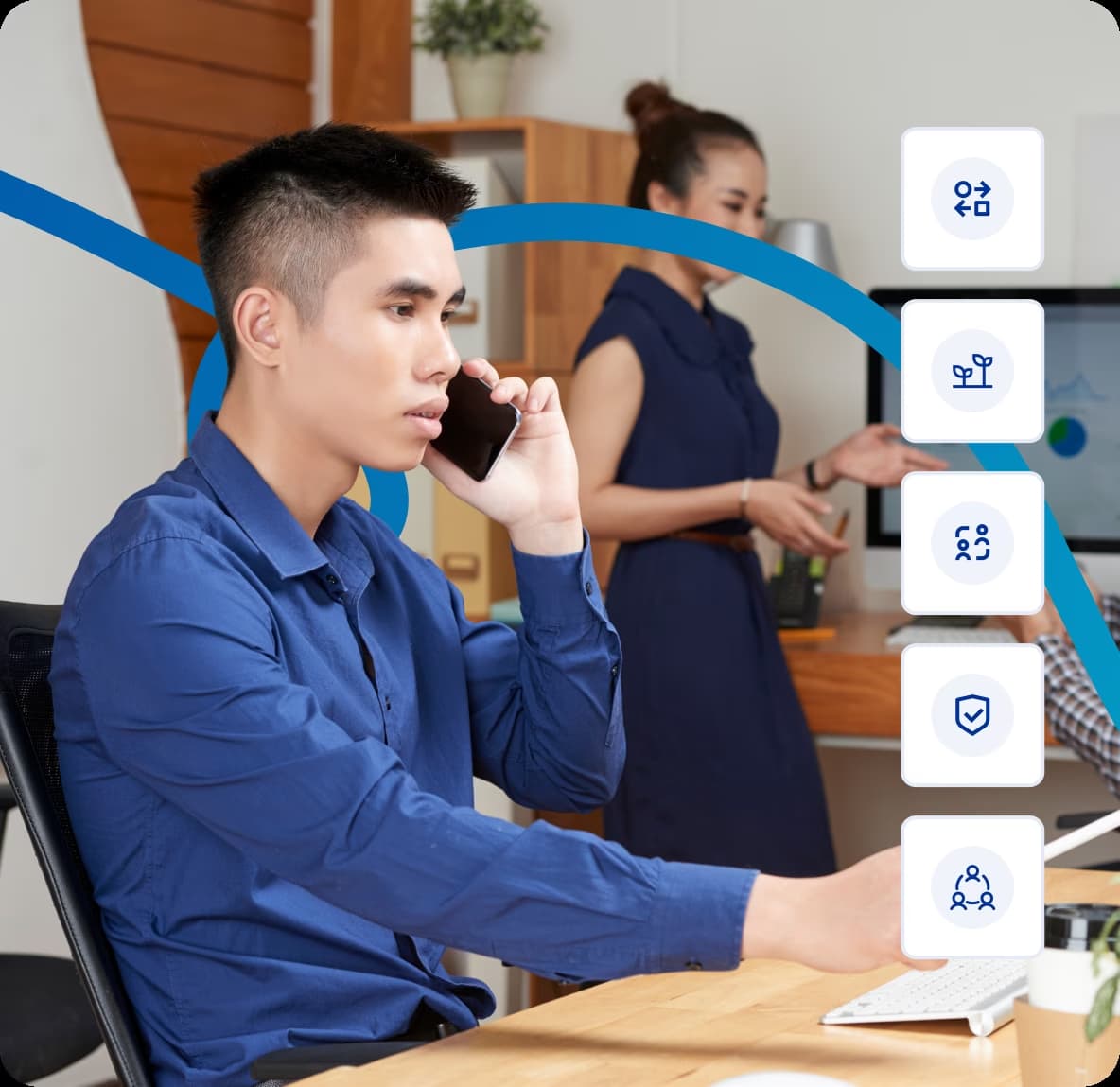 Professional making business call with cloud phone system showing communication features