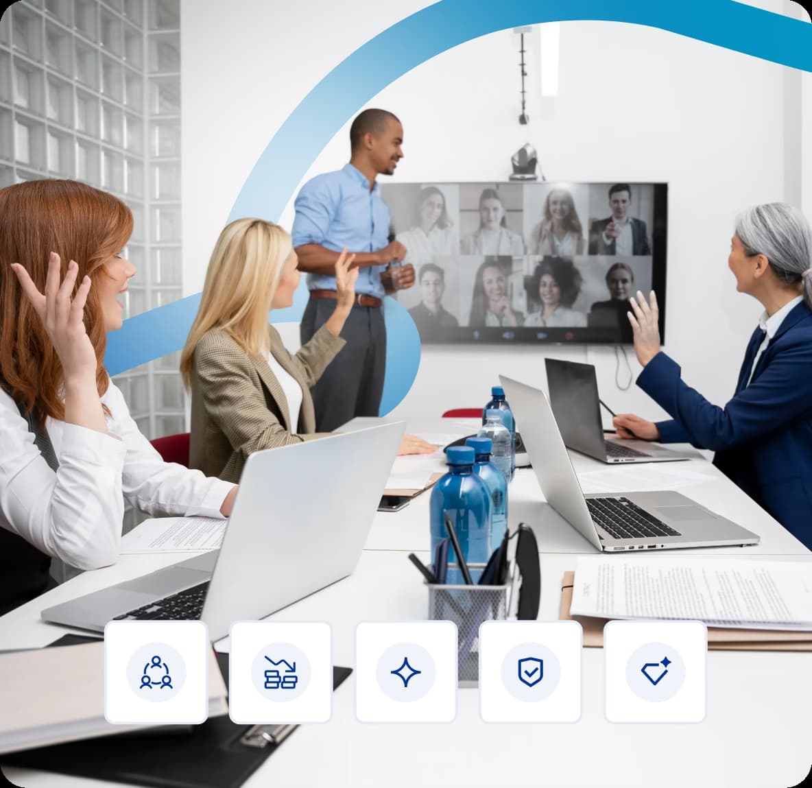 business meeting with remote team on screen