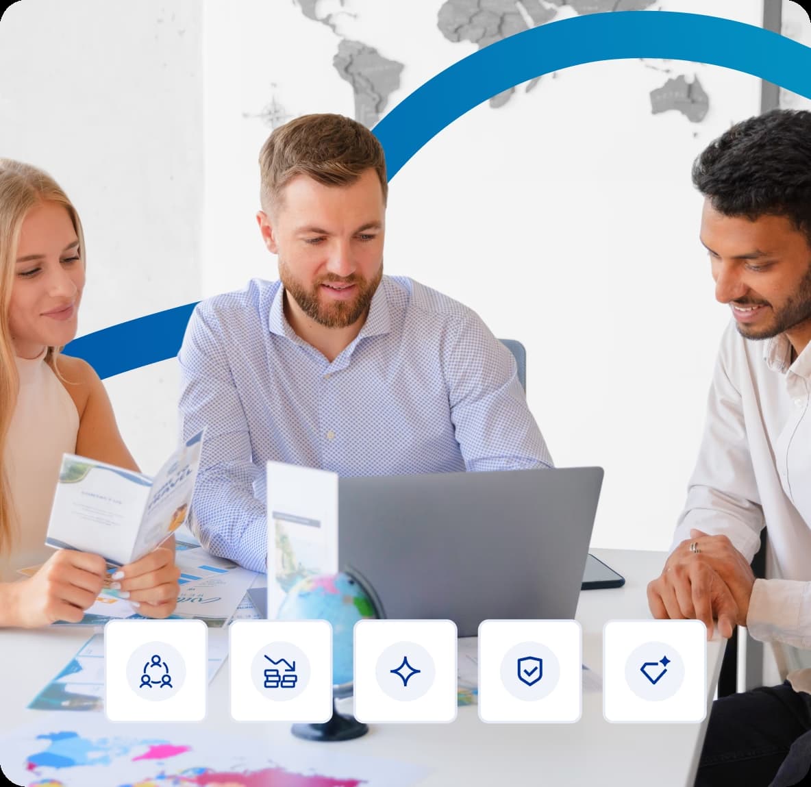 business team discussing strategy around laptop