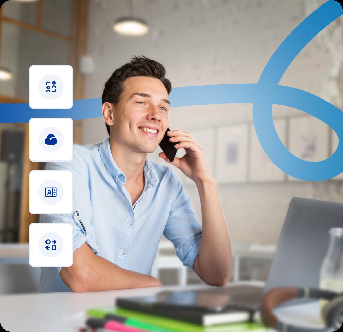 a man talking on a phone using a arlington heights il business phone system