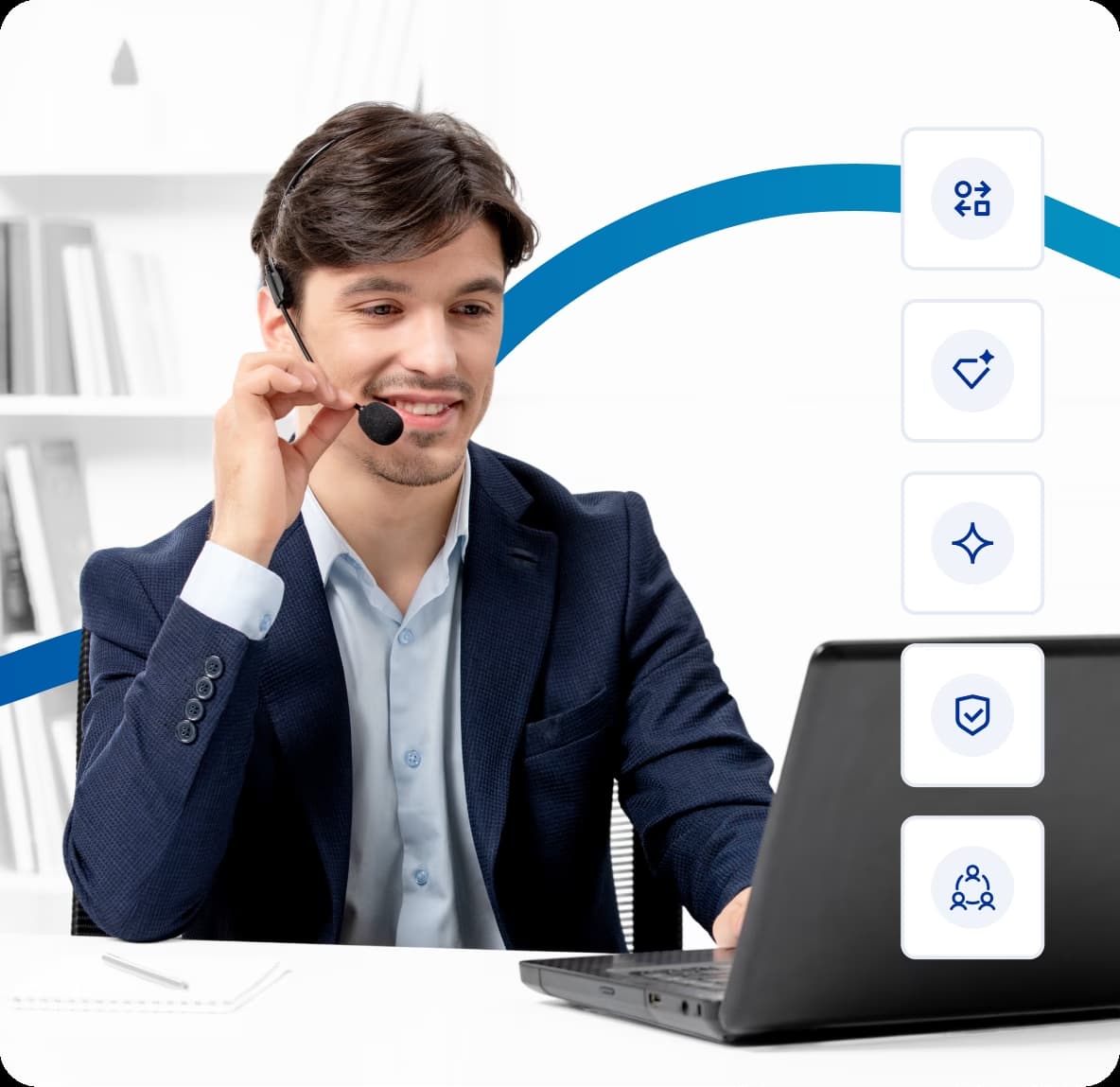 Customer support agent with headset using Ontario virtual phone system