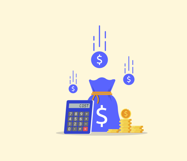 A bag of money and a calculator with dollar falling down in pale yellow background