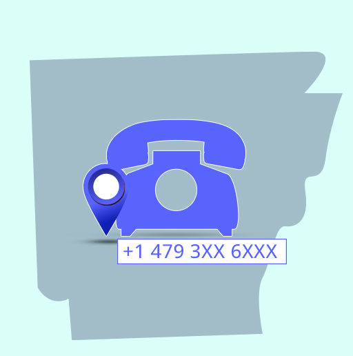 elephone icon with 479 area code local number over map of Arkansas state