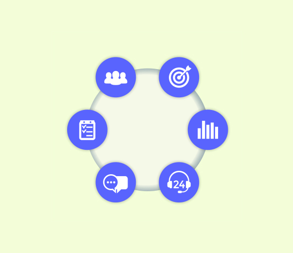 A circle with six different icons related to call and analytics
