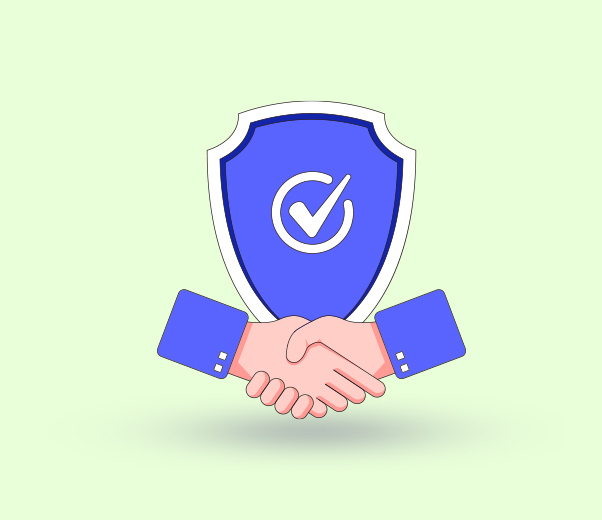 A hand shake and a shield with a tick icon