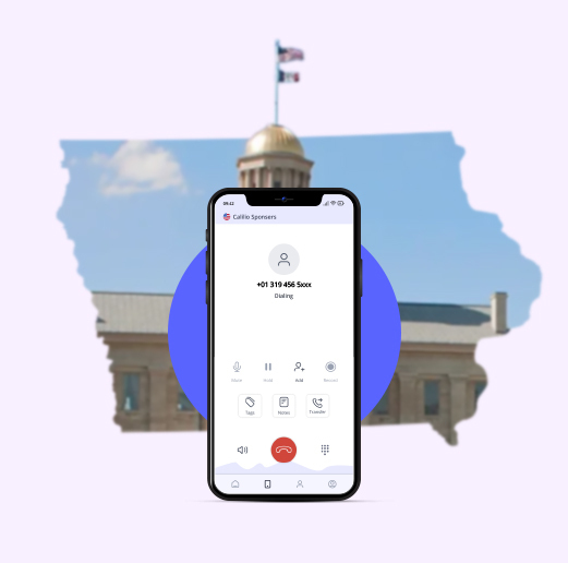 Iowa state map with Calilio's call interface on a smartphone screen