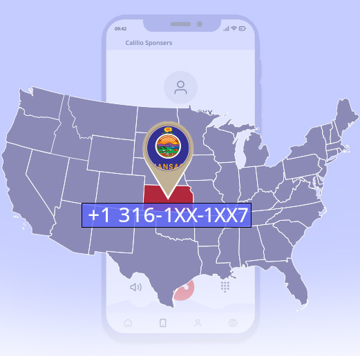Kansas state highlighted with red in map of United States with a land mark containing Kansas state flag and a 316 area code phone number