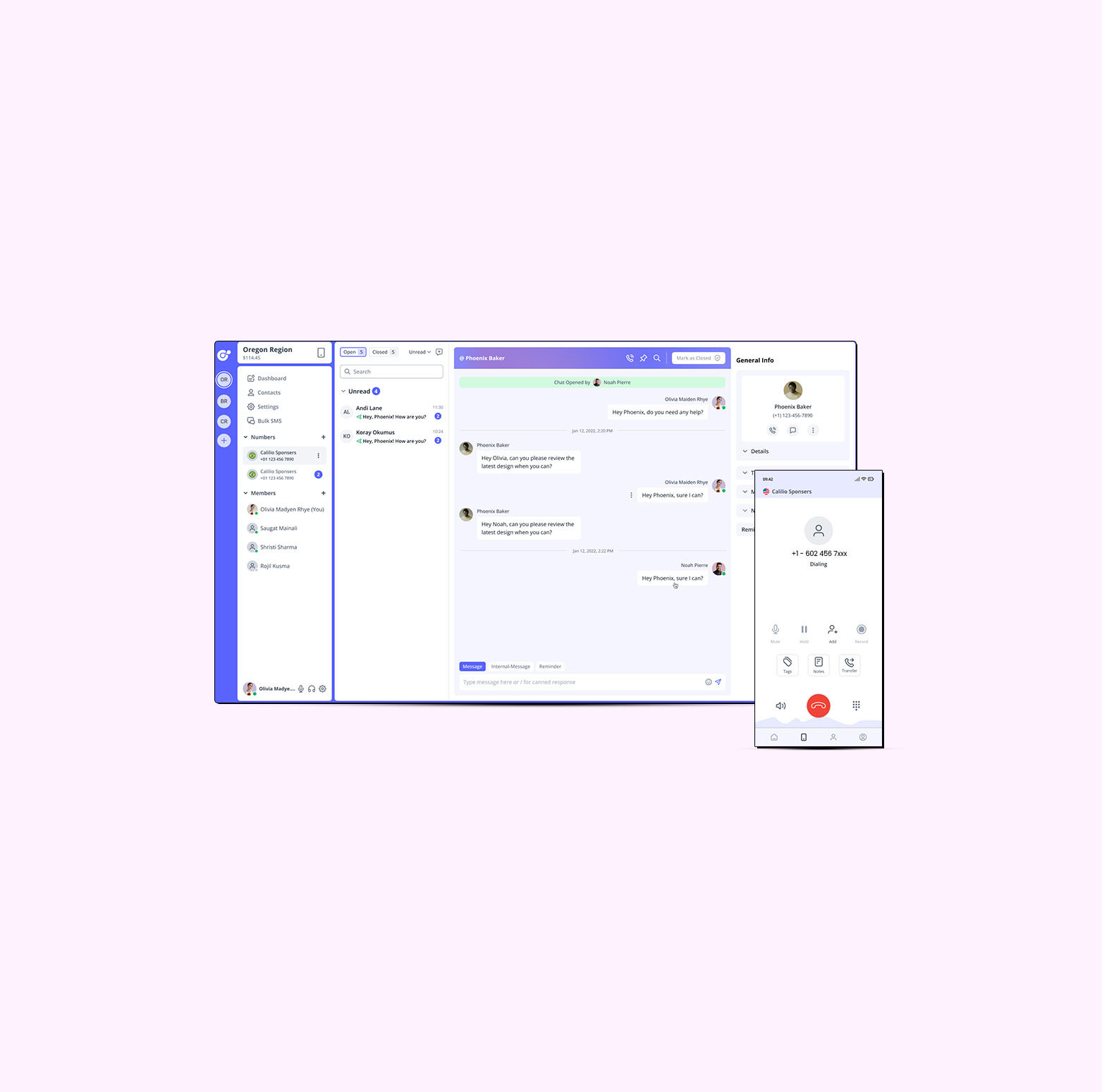 Calilio's web view and mobile call dialing interface