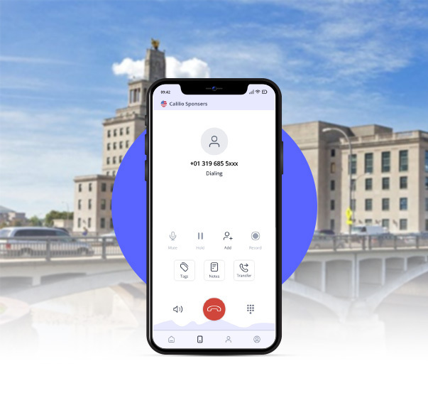 Cedar Rapids Municipal Island in background with a smartphone dialing 319 area code number