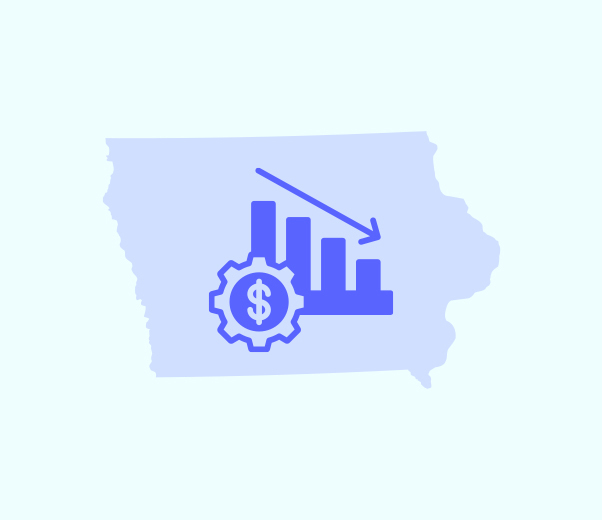 A graph with downward arrow with  dollar symbol inside a gear on a map of Iowa