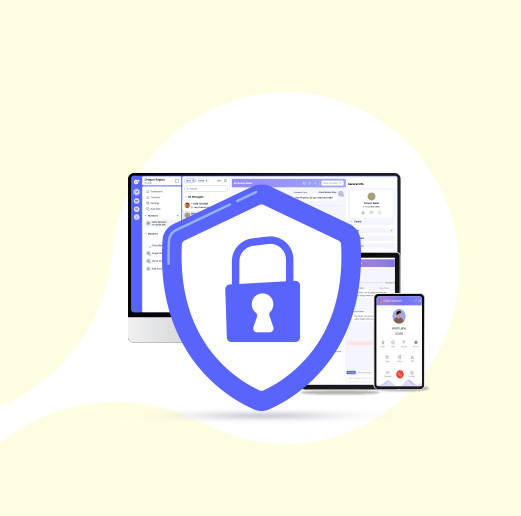 A shield with a lock in-front of a mobile, tablet and a desktop screen