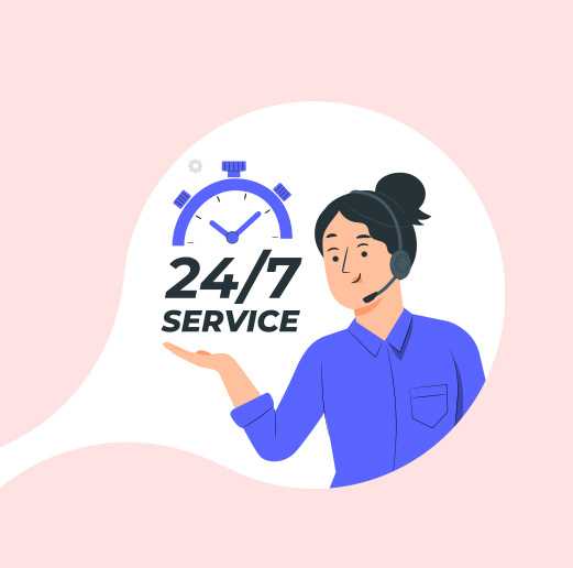 A woman holding clock with the word 24/7 service
