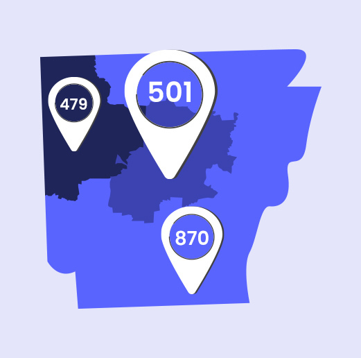 Map of Arkansas with land mark for 501, 479 and 870 area code