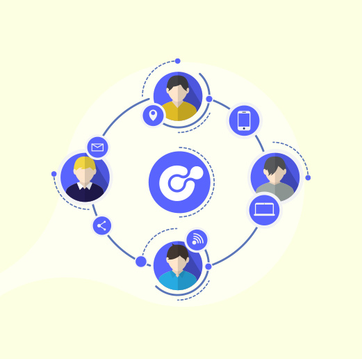 A group of people around Calilio logo in a circle
