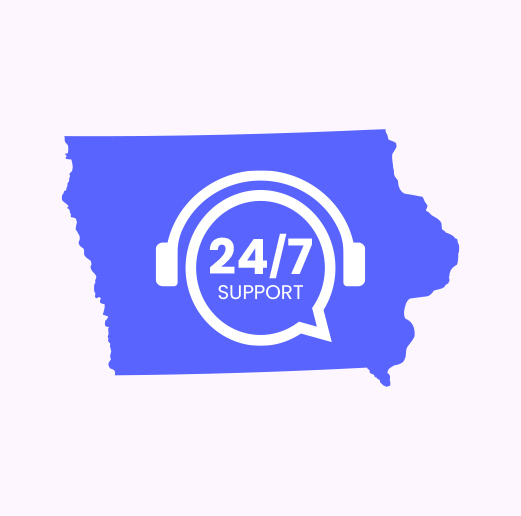 The state of Iowa with words 24/7 support