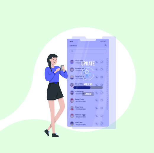 A woman holding phone with the update icon