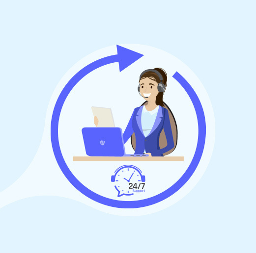 A women on a desk with laptop and headphone displaying 24/7 support