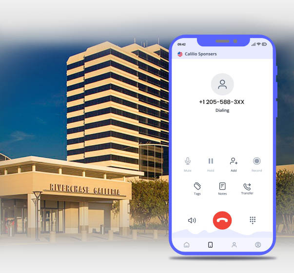 Calilio dialing interface for 205 area code with Riverchase Galleria as background