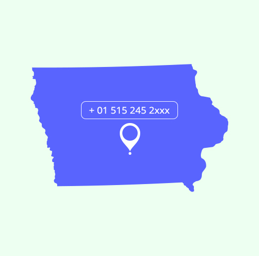 A map of Iowa state with a land mark and 515 area code local number