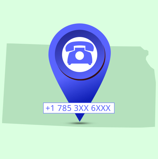 A map of Kansas state and a telephone icon on a land mark with 785 area code number