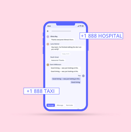 A smartphone with Calilio's chat box surrounded by vanity numbers