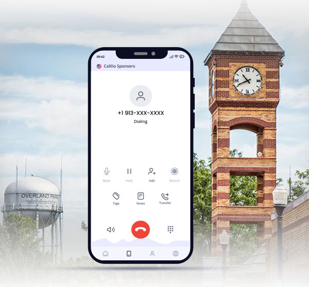 Overland Park Kansas Clock Tower Plaza Skyline with a smartphone dialing 913 area code number