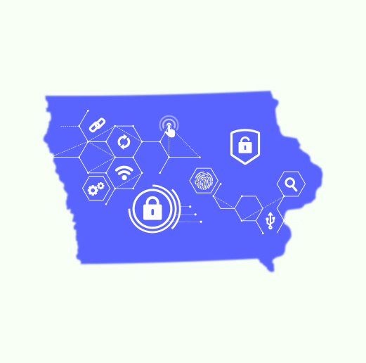 Map of Iowa state with multiple icons inter linked related to security