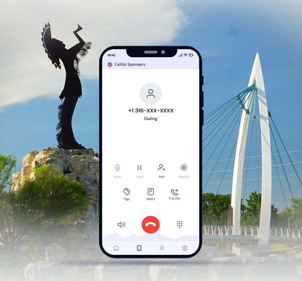 Calilio's call interface with 316 area code number and The Keeper of the Plains from Veterans Memorial Park in background